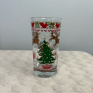 1984 CHD Christmas Tree Reindeer Drinking Glass Cup Hearts Clear Green Red